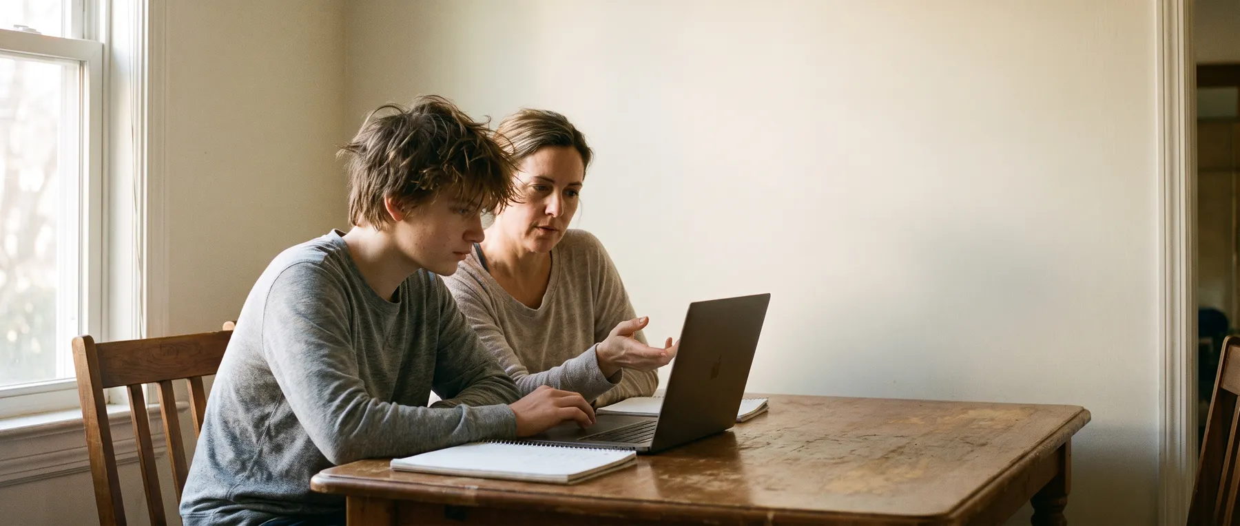 A student and a parent at a kitchen table in late-afternoon light, working through options on a laptop together.