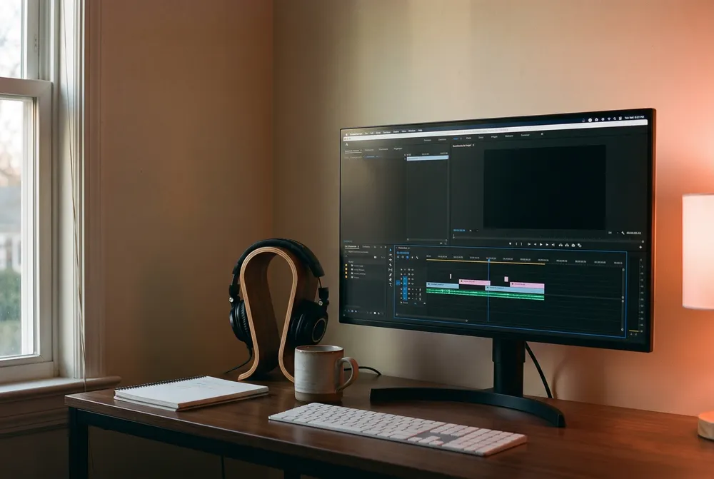 A quiet one-person video editing desk at dusk: a colour-grading monitor, headphones on a stand, a warm lamp just out of frame.